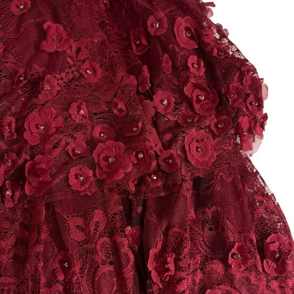 Mac Duggal Gown Dress Tiered Floral Embellished V Neck Deep Red Size 2 - Picture 8 of 16
